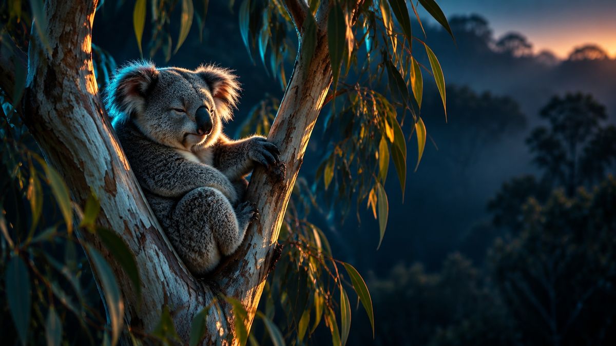 A calm koala resting in the fork of a eucalyptus tree at dusk, its fur edged in soft cyan and copper light