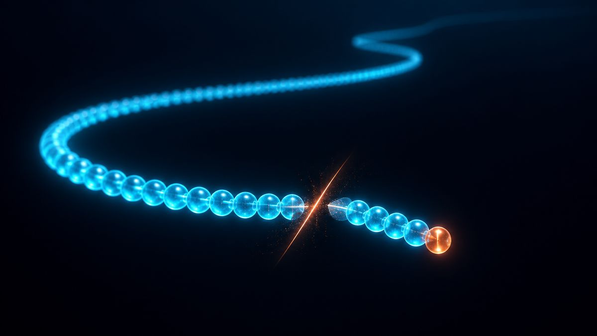A long chain of glowing beads with its last short section snipped free and drifting away on its own