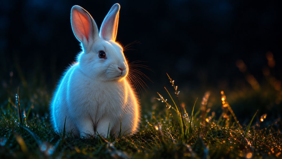 A healthy white rabbit sitting calmly in soft grass at dusk, ears up, rim-lit in cyan and copper