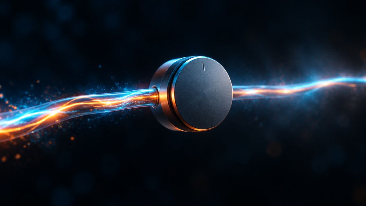 A glowing wire carrying light, with a round dimmer dial turned down slightly so the glow softens