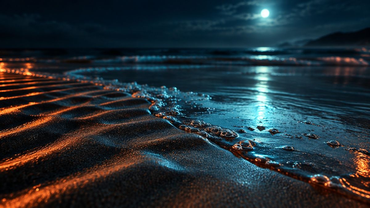 Smooth sand ripples on a beach at night, flattening softly as a gentle wave slides over them