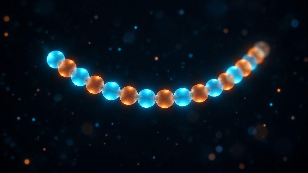 A short chain of fifteen glowing beads floating in dark space