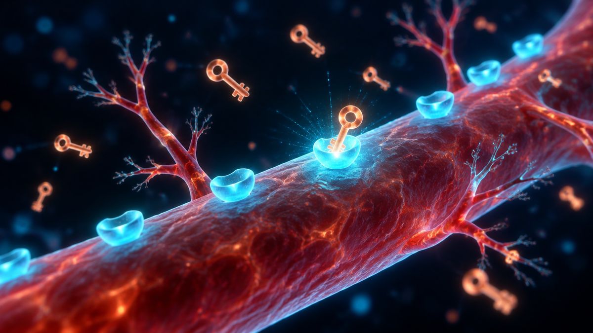 Glowing keys drifting toward lock shapes on the wall of a branching blood vessel