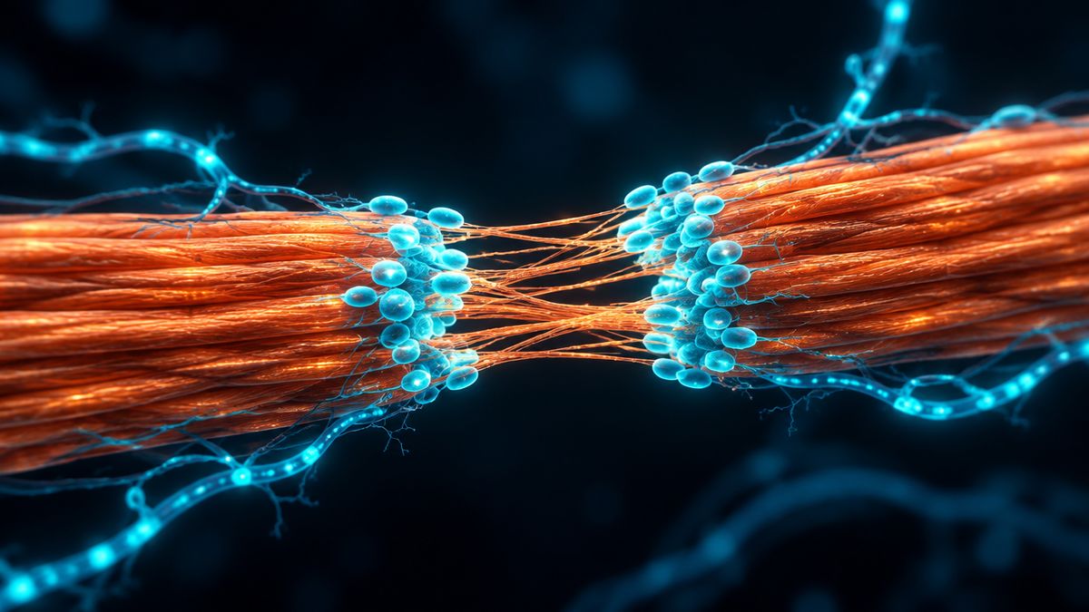 Bundles of glowing tendon fibers with a gap, and small builder cells moving in to fill it