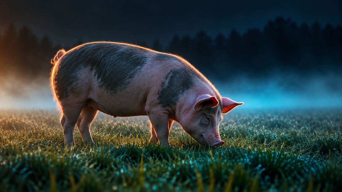 A calm, healthy pig standing in a misty green meadow at dawn