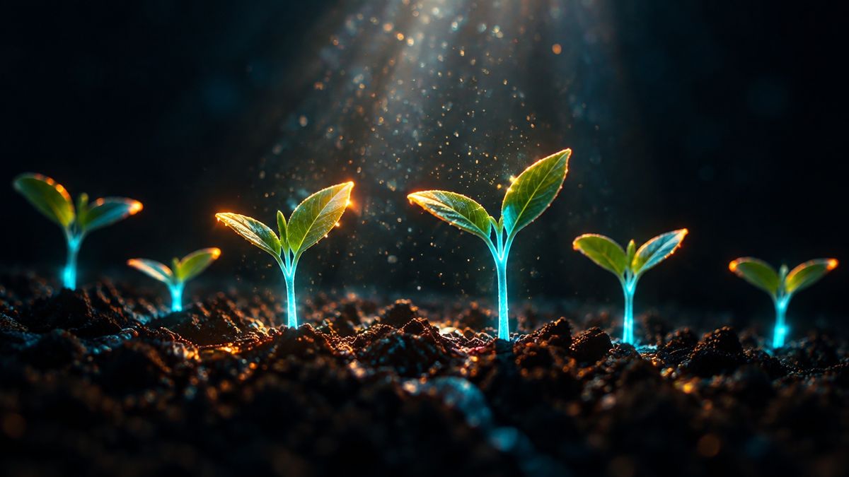 A dark garden bed of young seedlings glowing softly as a gentle beam of light falls on them