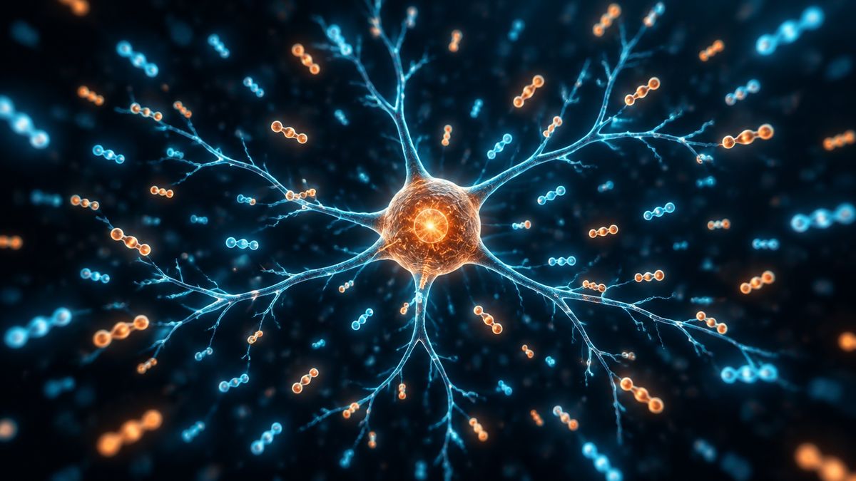 A glowing nerve cell with branching arms, surrounded by a cloud of many tiny bead chains of different lengths