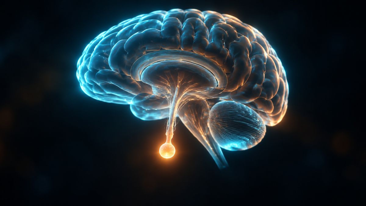 A small glowing gland hanging just under the base of a softly lit brain, like a lantern