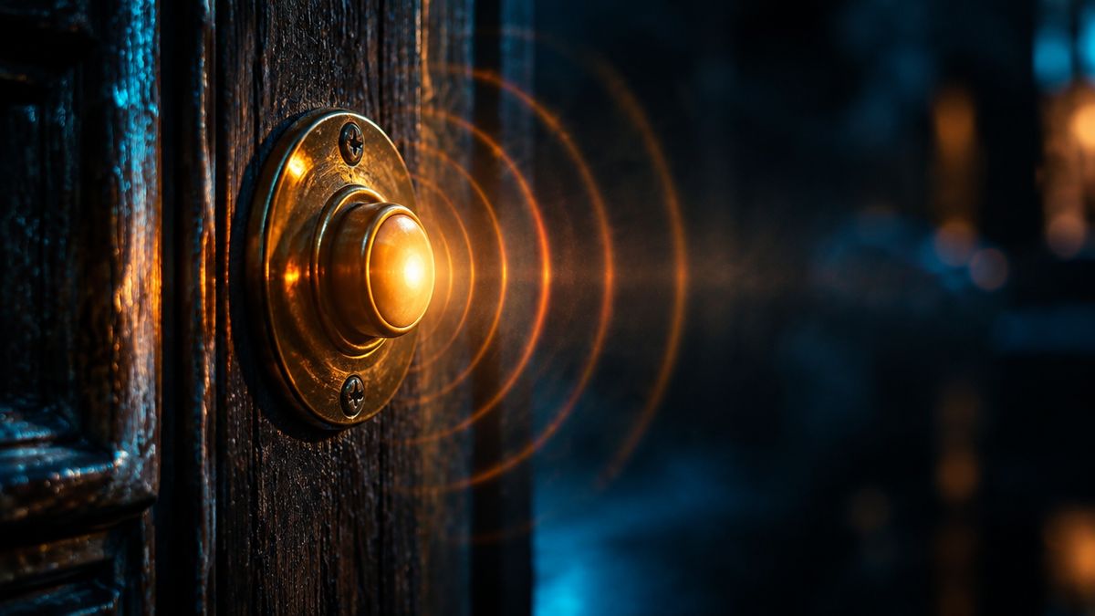 An old brass doorbell button glowing softly on a dark wall, as if pressed again and again