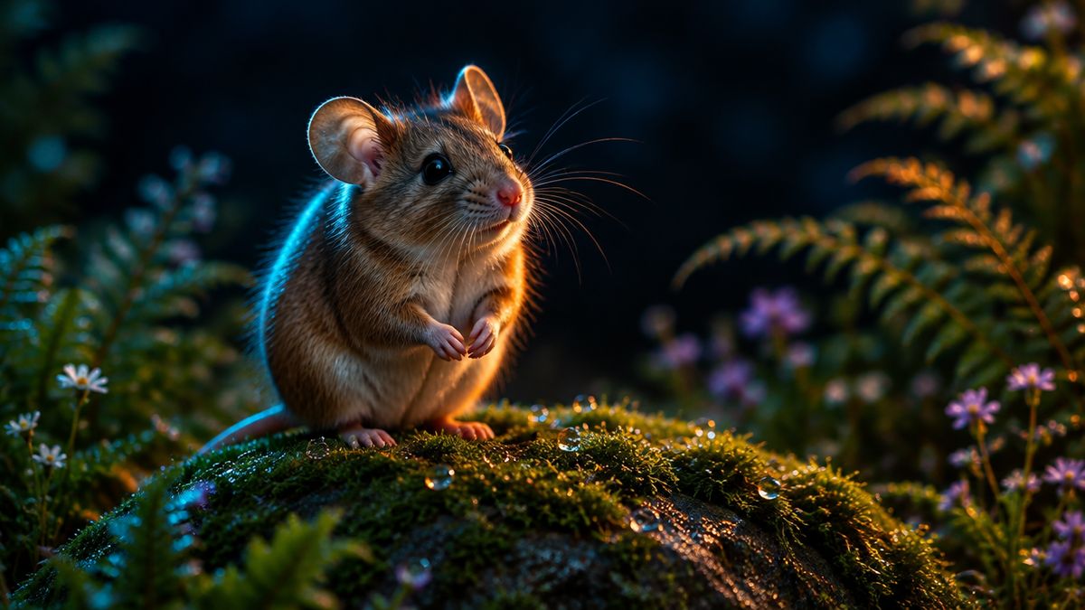 A healthy young brown mouse sitting calmly on a mossy rock at dusk