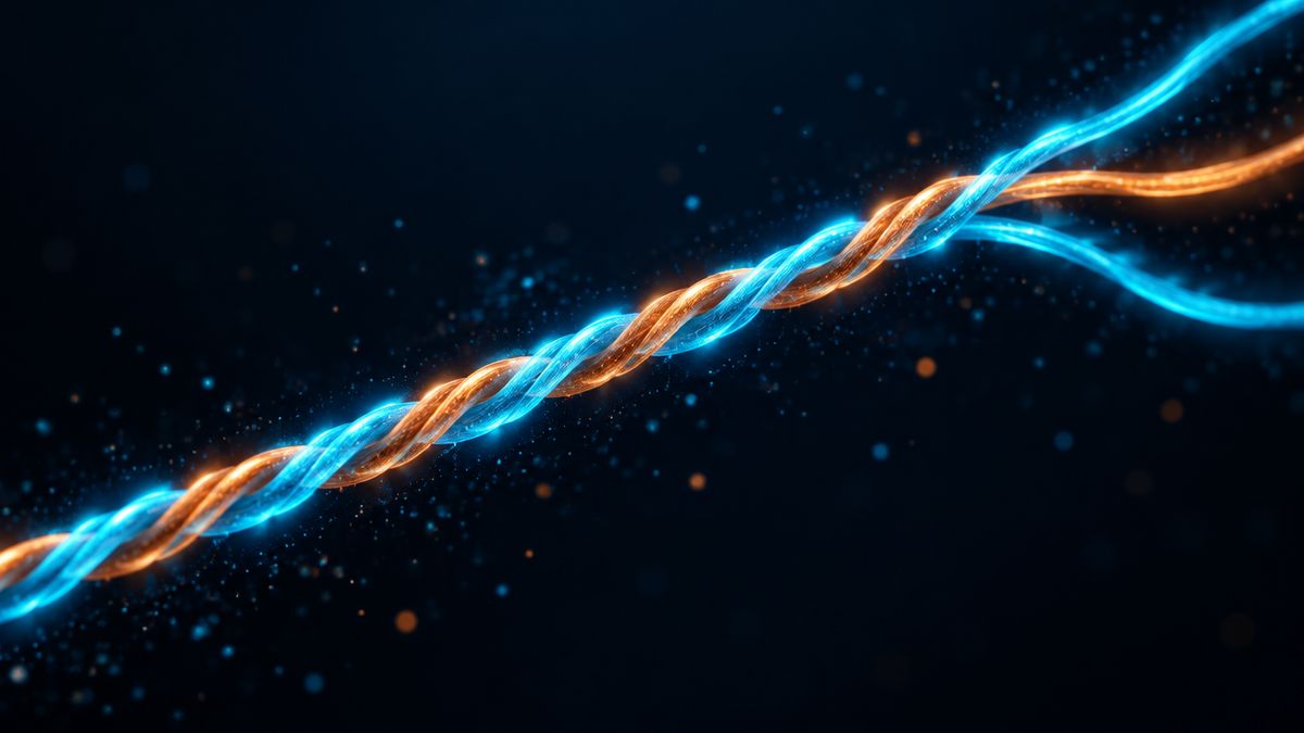 Three glowing strands of light twisted together into one long rope, floating in darkness