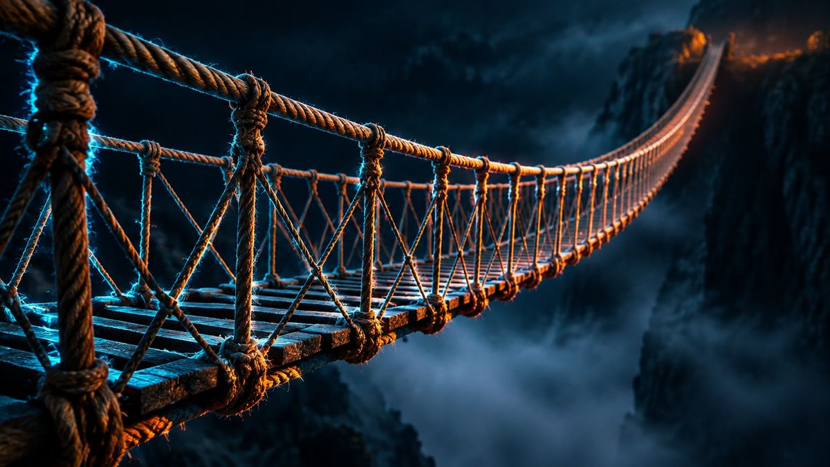 A long rope bridge woven from glowing fibers, strung across a dark gorge