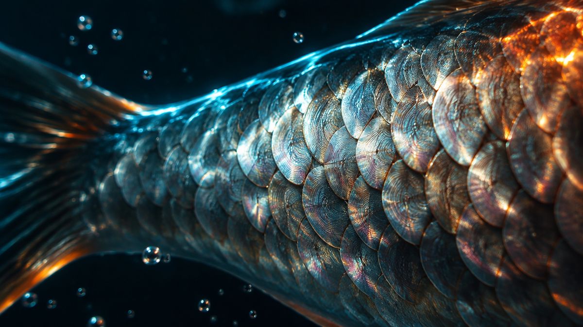 Close-up of shimmering silver fish scales overlapping like tiles in dark water