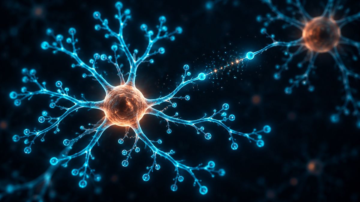 A glowing brain cell with tree-like branches sprouting many tiny new buds along their length