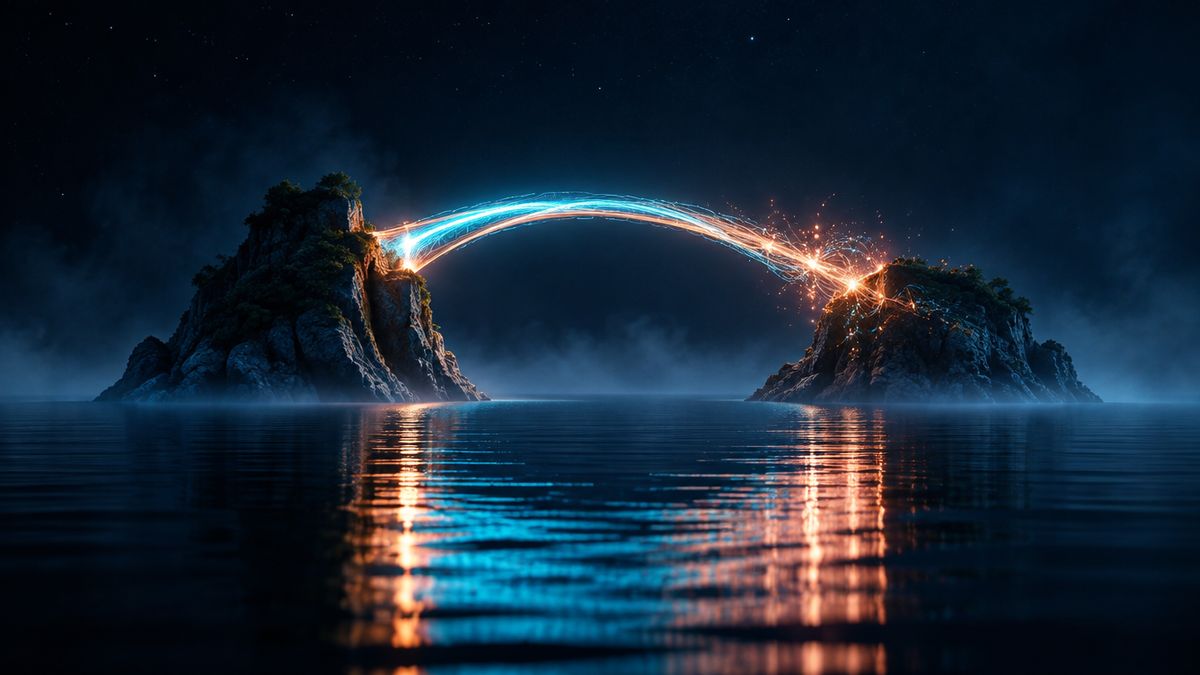 A bridge of light forming between two dark islands at night over calm water