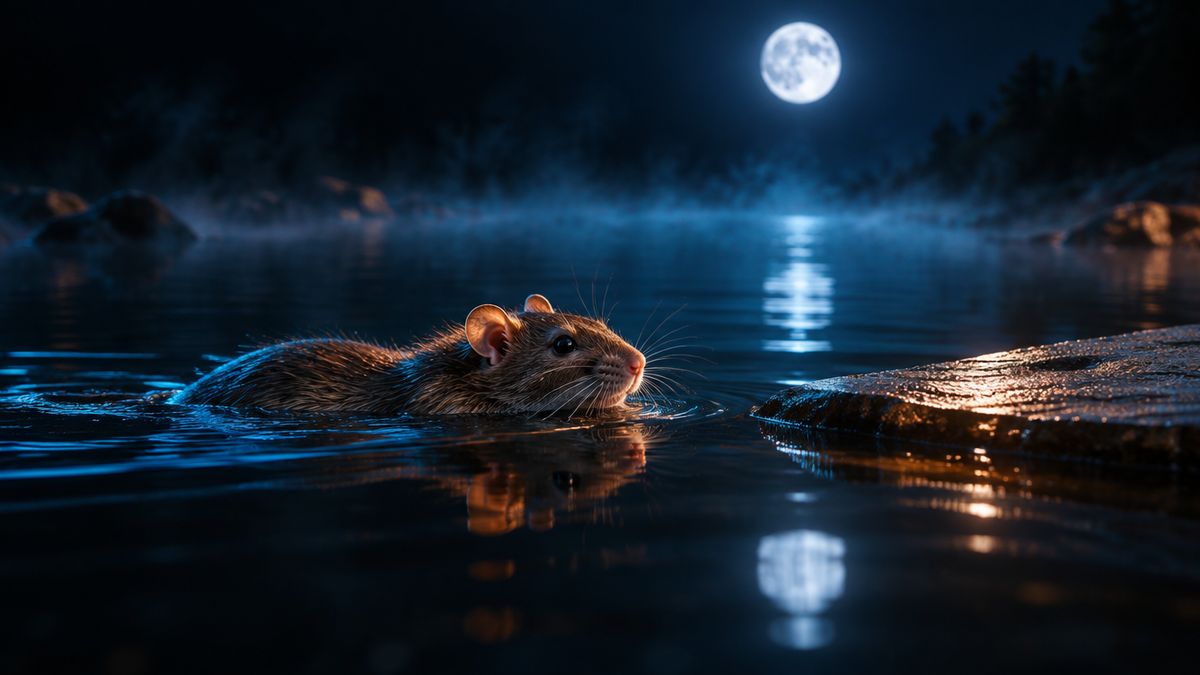 A calm rat swimming toward a stone ledge just under the surface of a moonlit pool