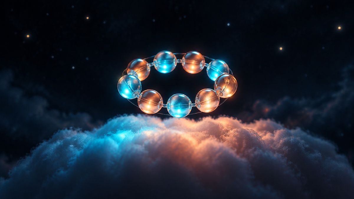 A short bracelet of nine glowing beads floating above a soft, pillow-like cloud in a night sky