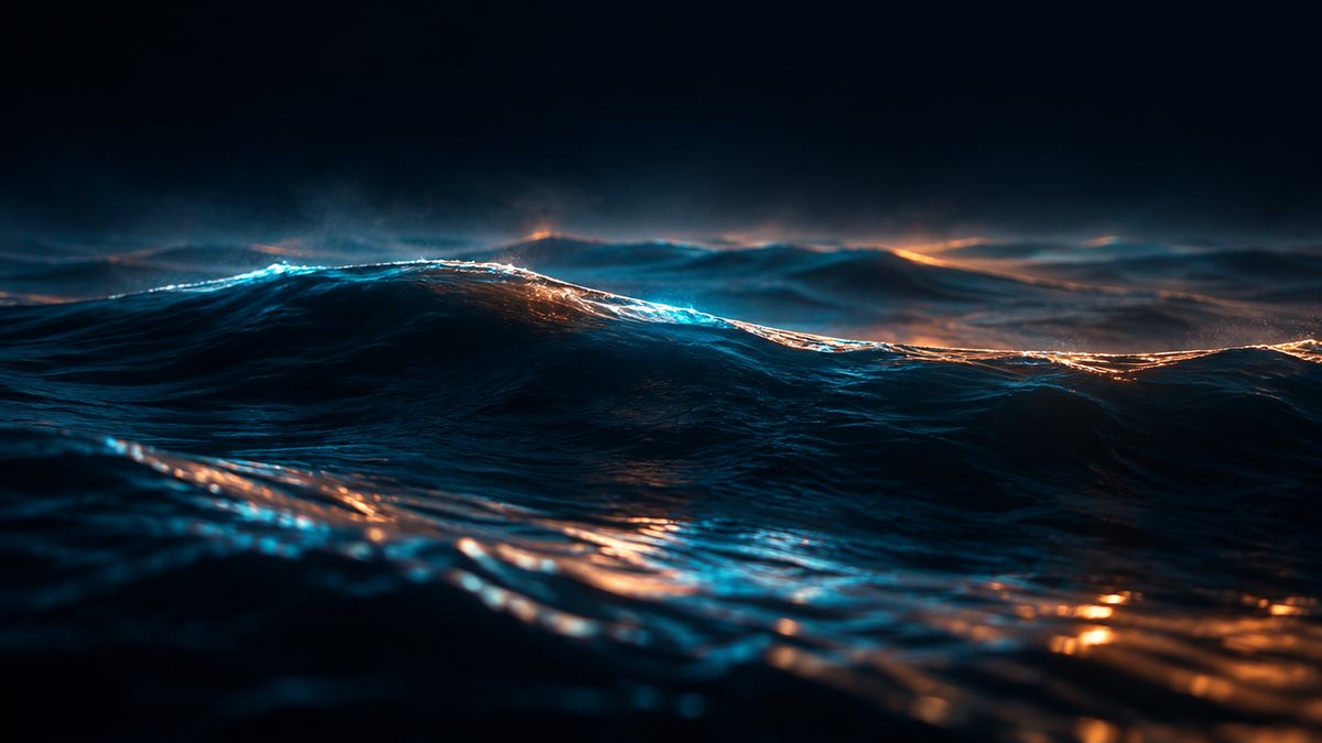 Long, slow ocean swells rolling across a calm, dark sea at night
