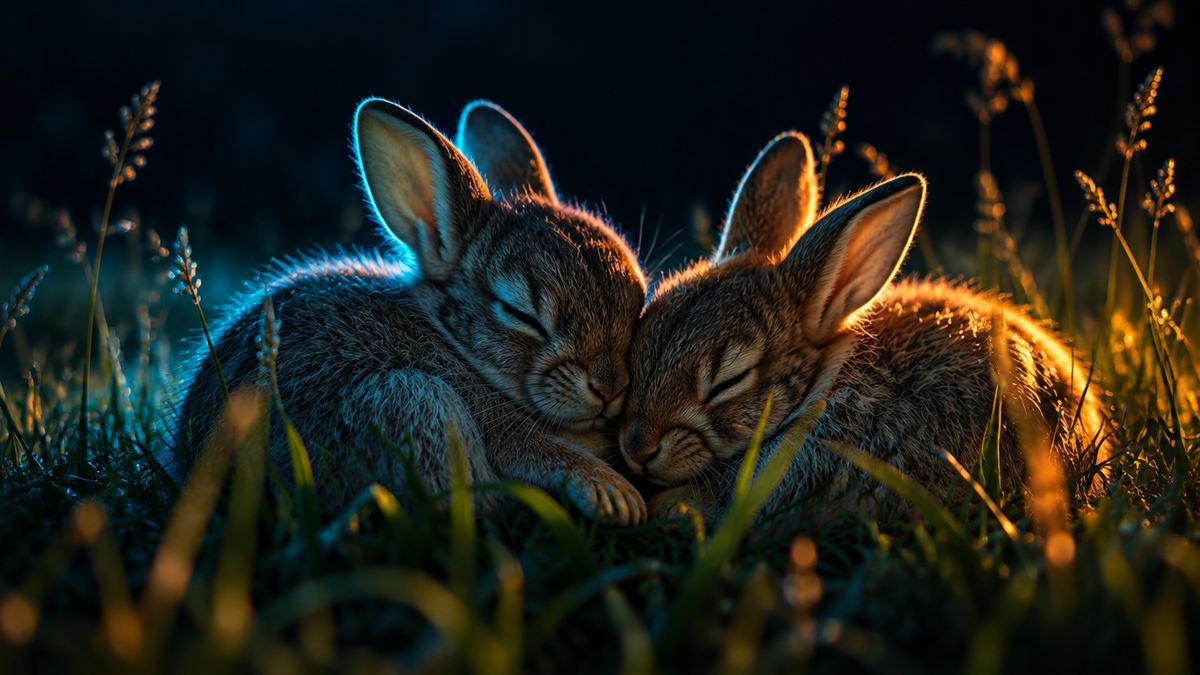 Two young rabbits asleep side by side in tall soft grass at dusk