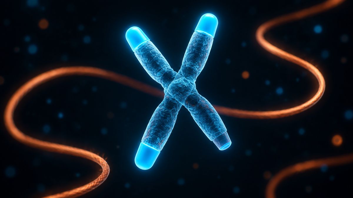 A glowing chromosome shaped like an X, with bright protective caps on its four tips, like the plastic tips on shoelaces