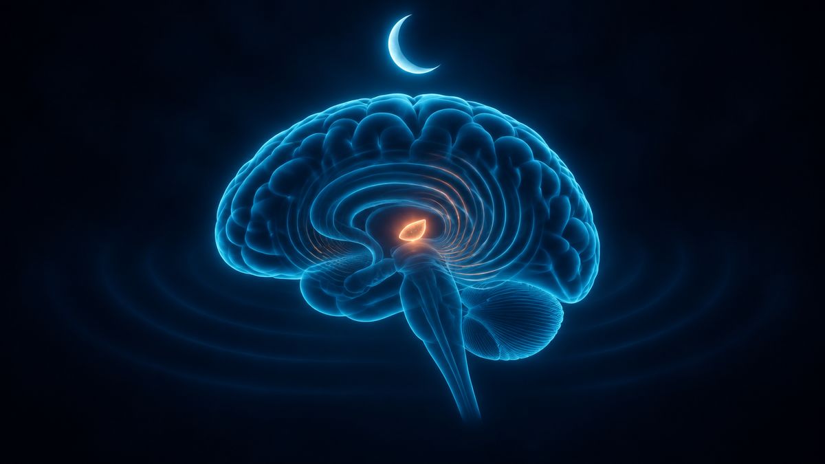 A small glowing pea-shaped gland deep inside a dim brain outline, under a soft crescent of moonlight