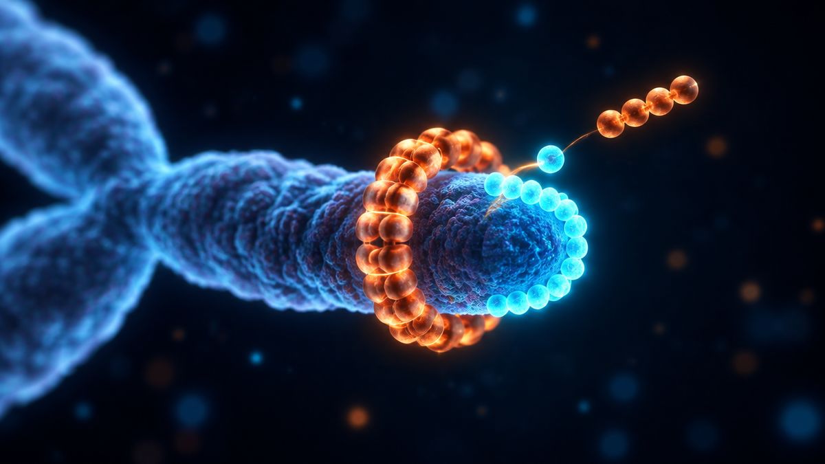 A ring-shaped enzyme glowing at the tip of a chromosome, adding new glowing beads to lengthen its cap