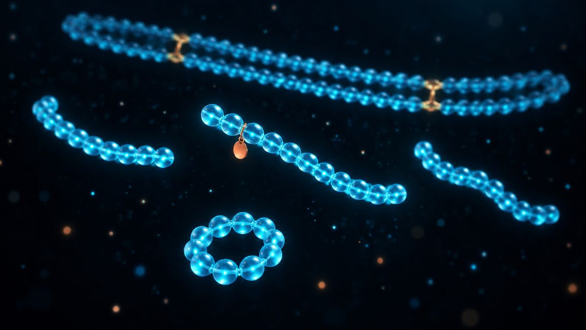 Five glowing bead chains of different lengths floating at different depths