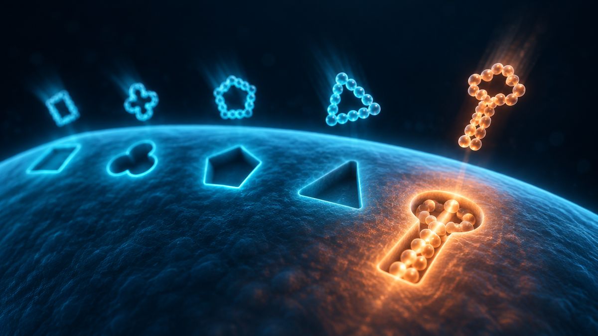 Five differently shaped glowing keys, each drifting toward its own matching lock on the surface of a cell