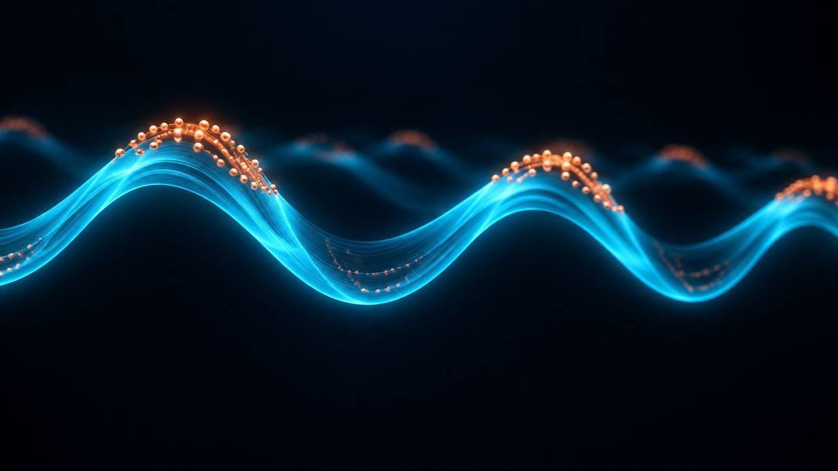 A soft glowing wave of light rising and falling like a tide, with small bead chains gathering at each peak