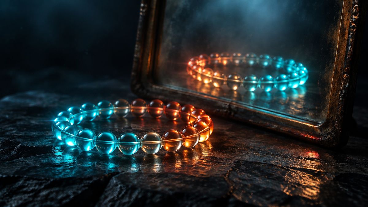 A glowing bead bracelet in front of a dark mirror, with its reflection showing the same beads in reverse order