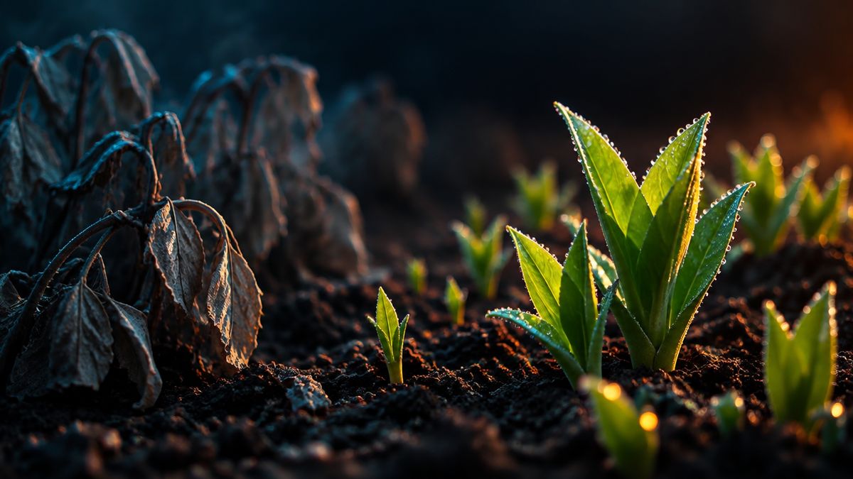 A garden at dusk where wilted gray plants fade into shadow while fresh green shoots rise from the soil