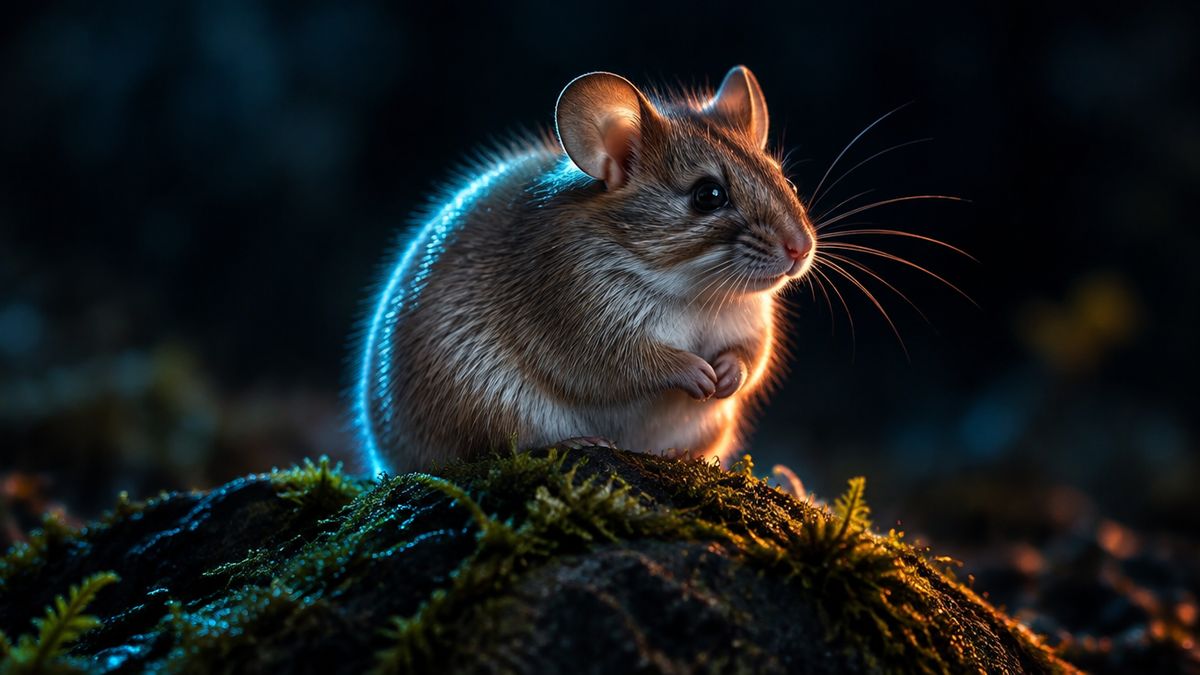 A calm old mouse with a thick, glossy coat resting on dark mossy rock