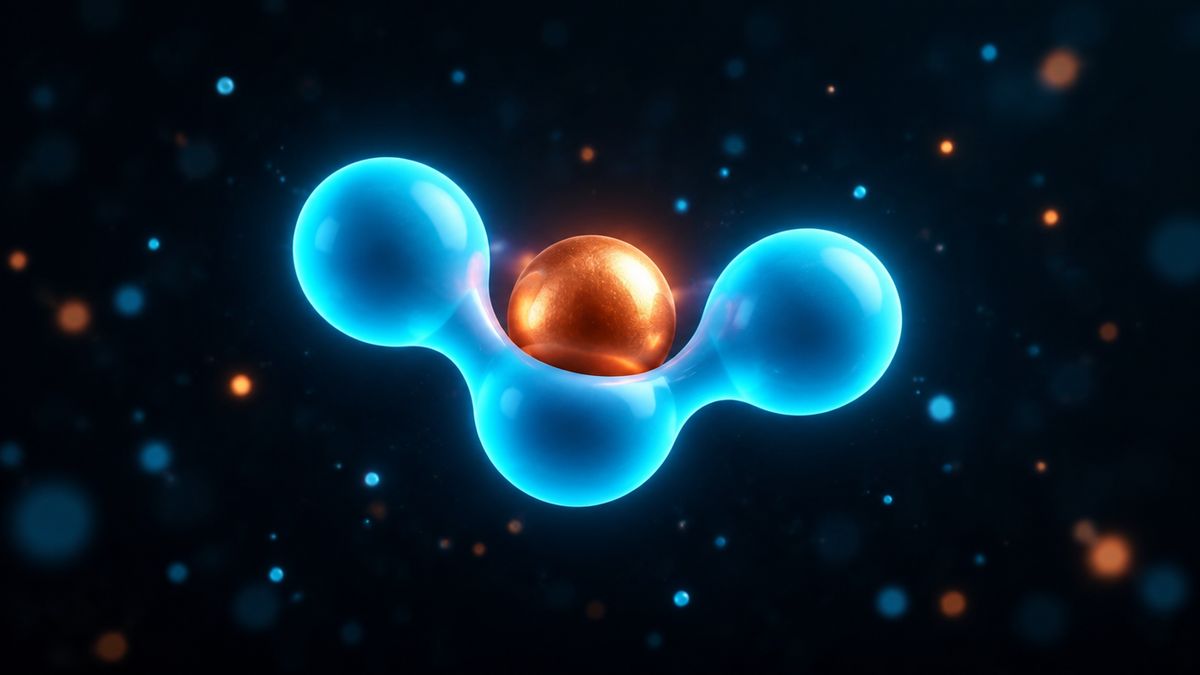 Three glowing cyan beads linked in a short curve, cupping one bright copper sphere