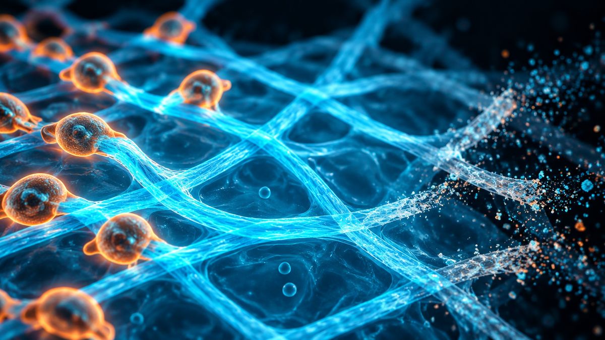 A woven scaffold of glowing fibers with small builder cells adding new strands on one side