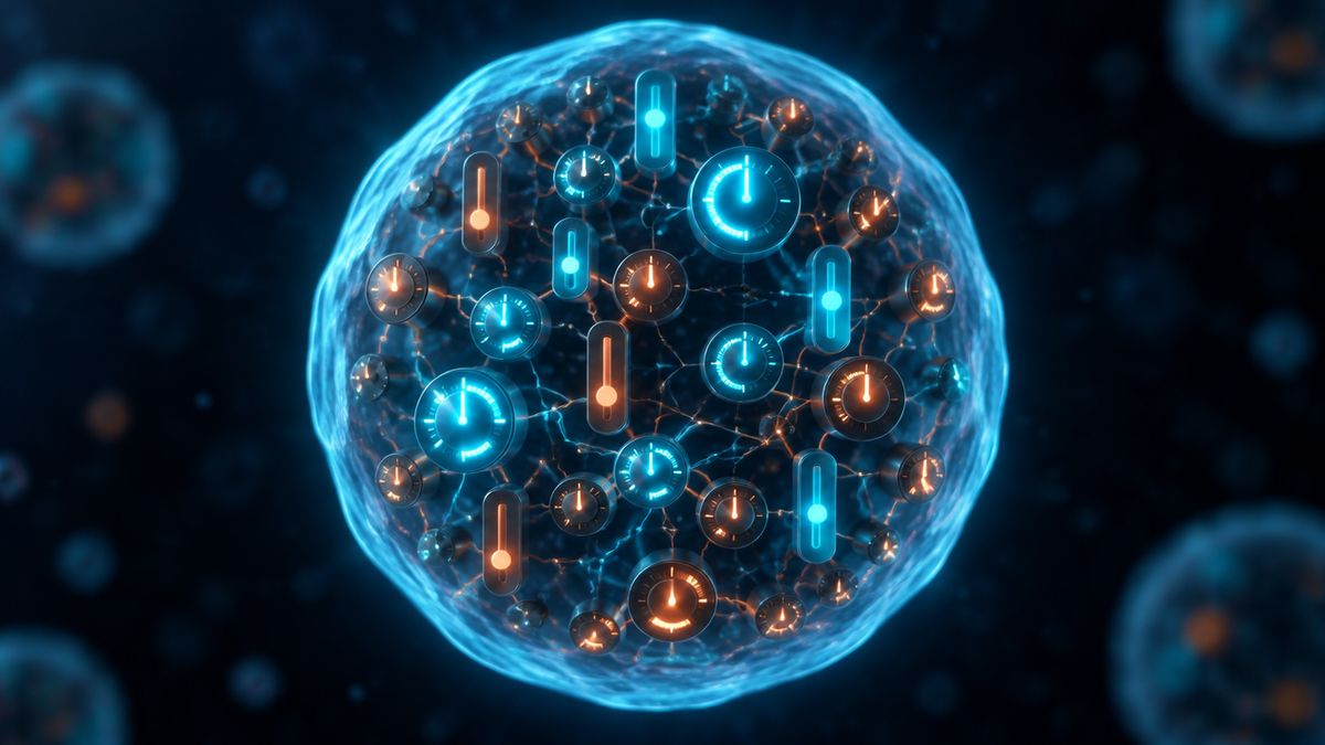 A cell's core lit by many small glowing dials, some turning cyan and some copper