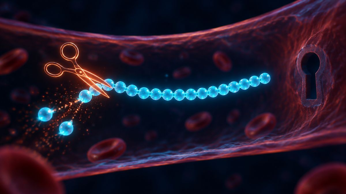 A pair of glowing scissors made of light cutting the first two beads off a thirty-bead bracelet drifting through a blood vessel