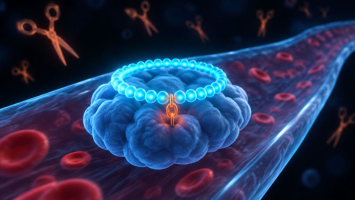 A thirty-bead bracelet with a glowing copper fat chain hooked onto a large soft protein raft floating down a blood vessel