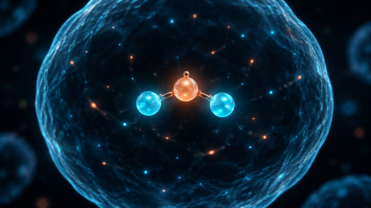 Three glowing beads linked into a tiny bracelet, floating in the dark inside a cell