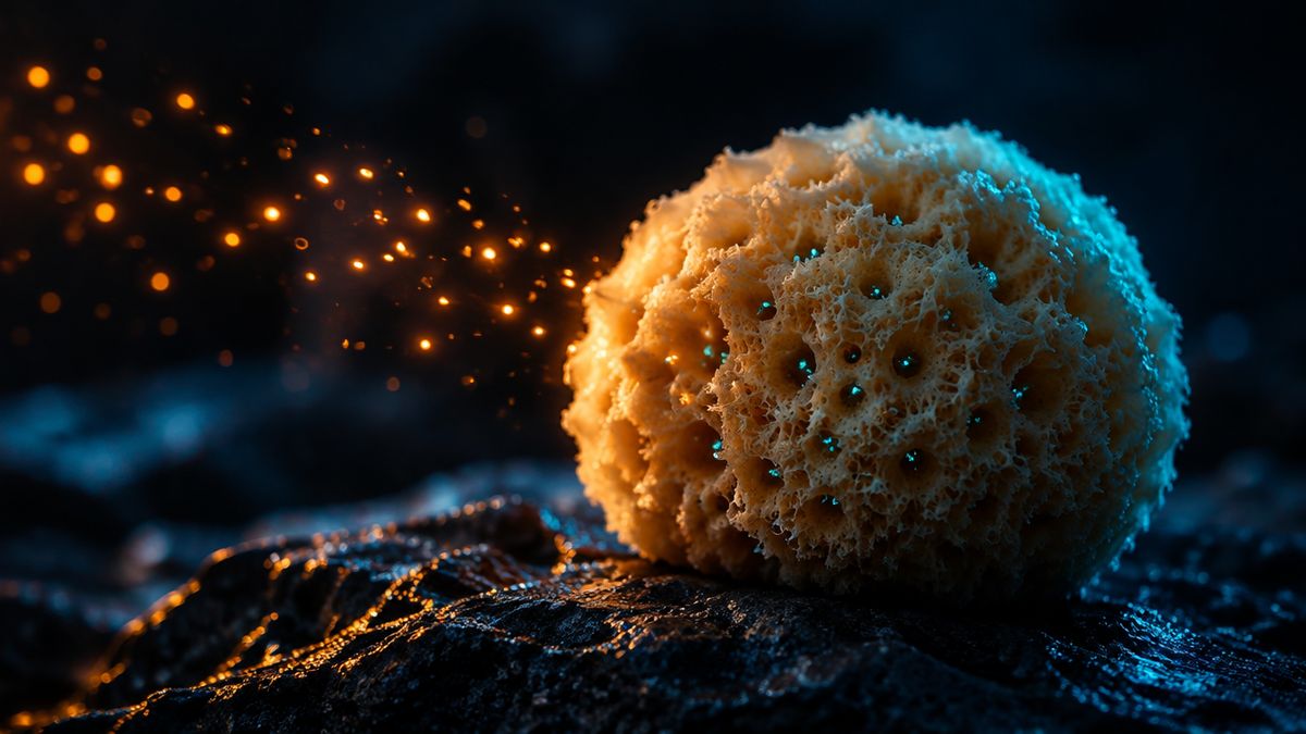 A natural sea sponge resting on dark rock, soaking up a drift of glowing sparks