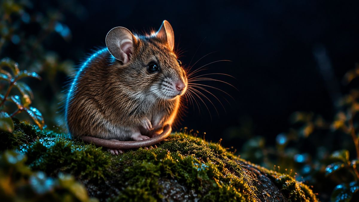 A healthy older mouse with a silver-gray muzzle resting calmly on a mossy rock at night
