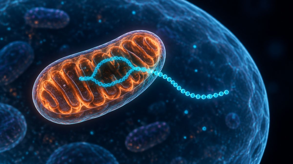 A glowing bean-shaped power plant inside a cell, with a short string of twenty-four beads drifting out of a loop of DNA