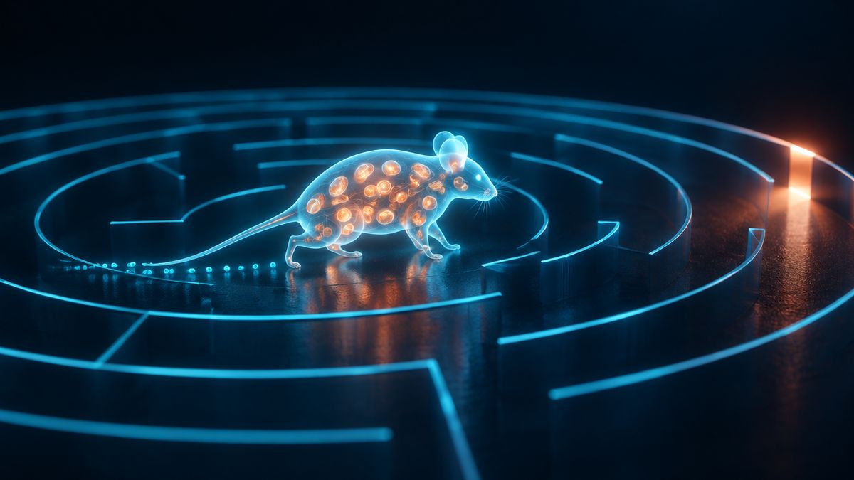 An old mouse glowing softly as it walks a maze of light toward a bright exit, with tiny power plants shining inside it