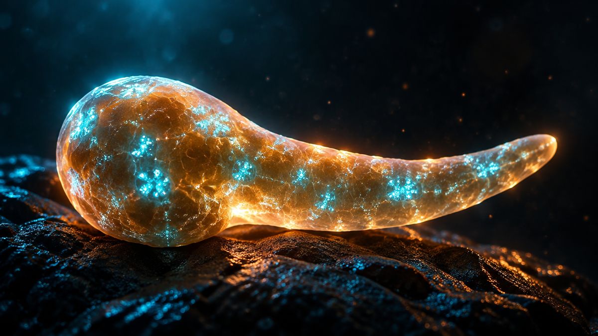 A pancreas glowing softly from within like a lantern, dotted with tiny bright clusters of cells