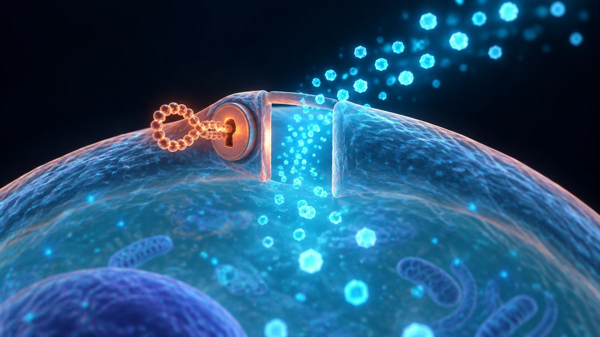 A glowing key turning in a lock on the surface of a cell as a door opens and small sugar crystals drift inside