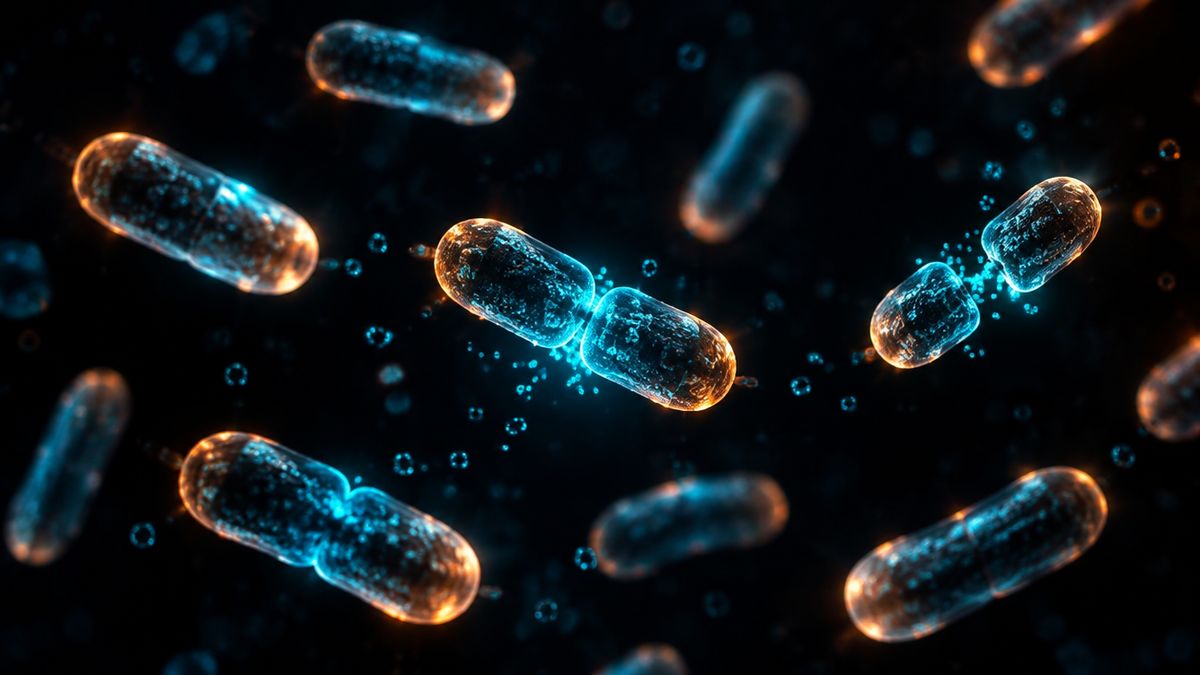 Glowing capsule-shaped bacteria floating in dark fluid, some splitting in two as tiny points of light gather around them