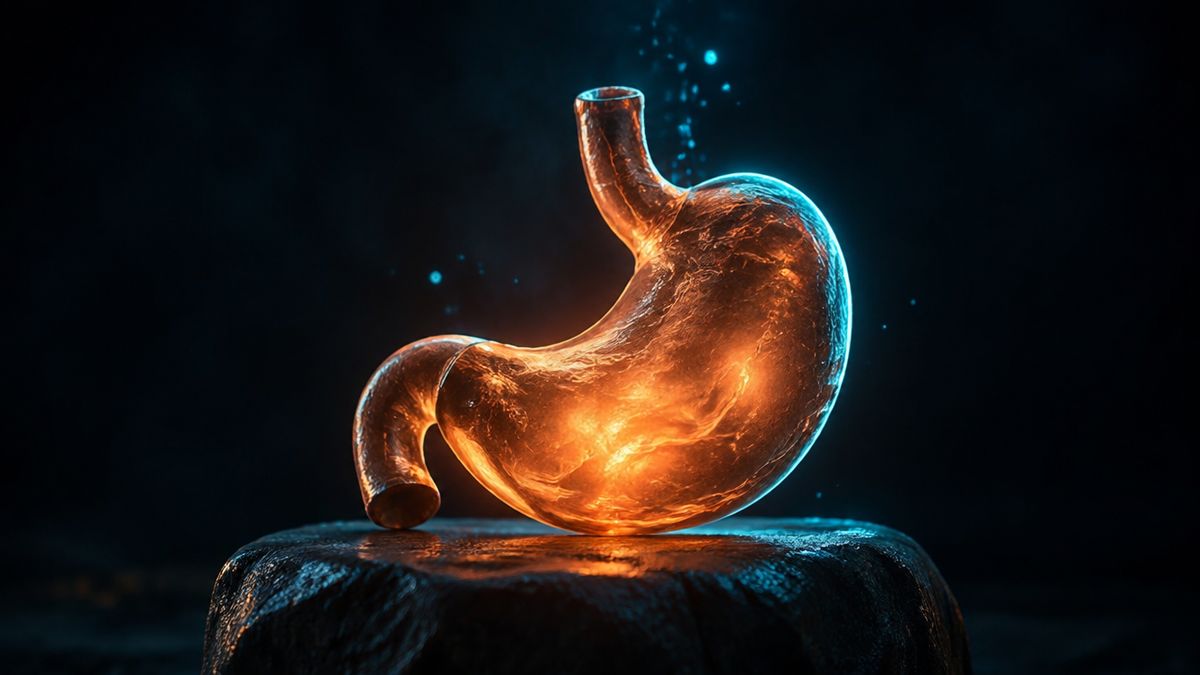 A glowing stomach in the dark, softly lit from within like a lantern