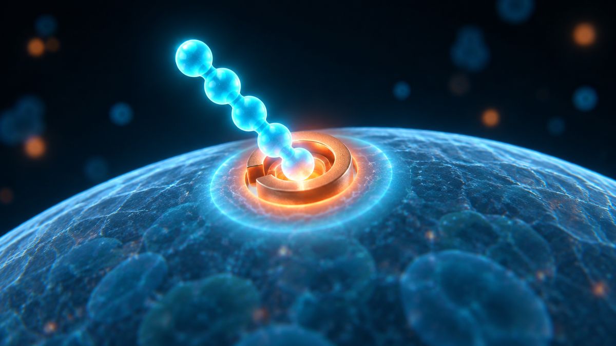 A glowing key made of five linked beads sliding into a lock on the surface of a cell