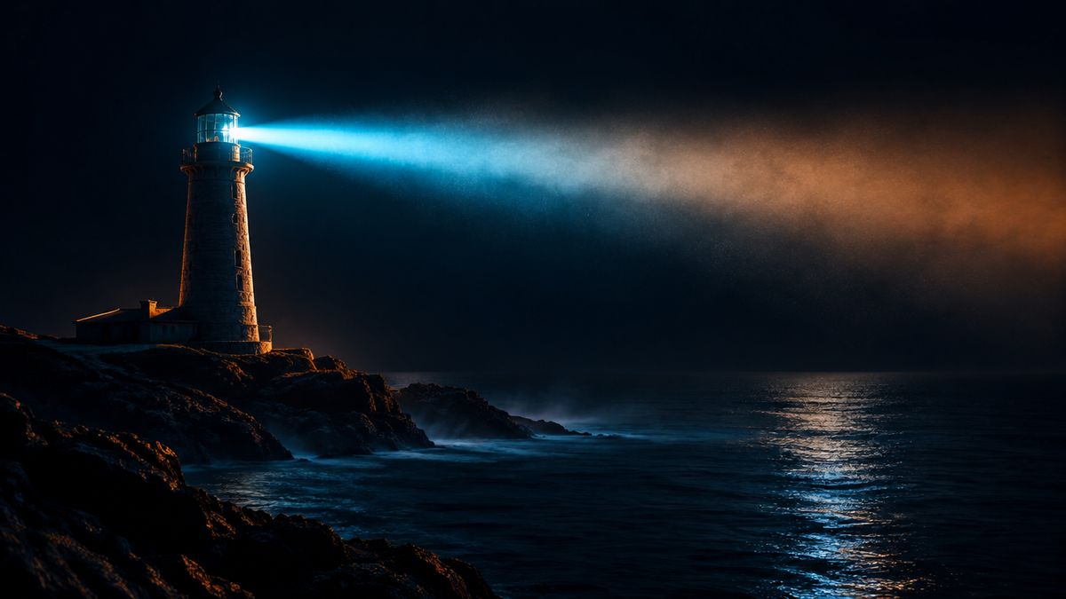 A lighthouse on a dark rocky shore sending out one bright sweeping beam over the sea