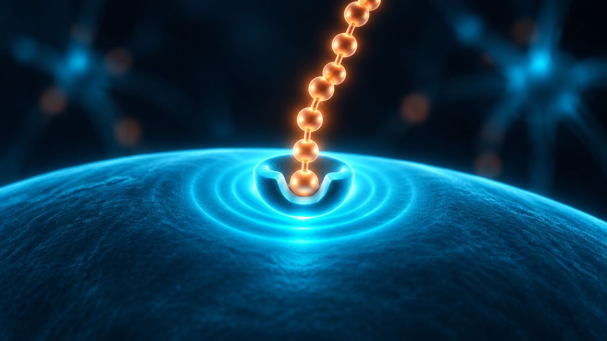 A glowing key made of beads fitting into a lock on the surface of a nerve cell
