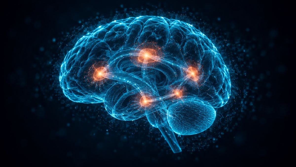 A see-through brain shape with soft glowing areas lighting up deep inside
